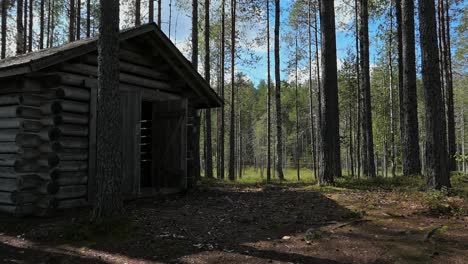 wooden shed in forest, traditional storage house for firewood, finland