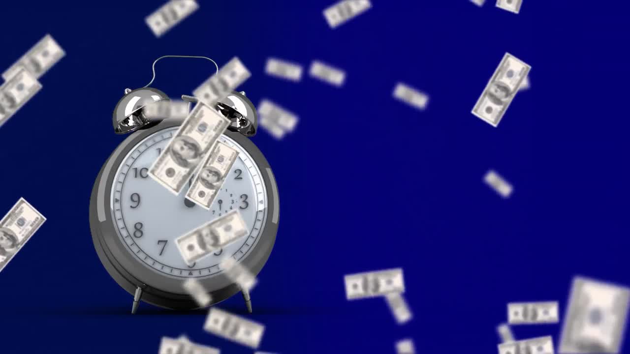 animación digital del reloj despertador haciendo tictac frente a los billetes de dólares estadounidenses que caen contra un fondo azul