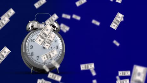 digital animation of alarm clock ticking against american dollars bills falling against blue backgro