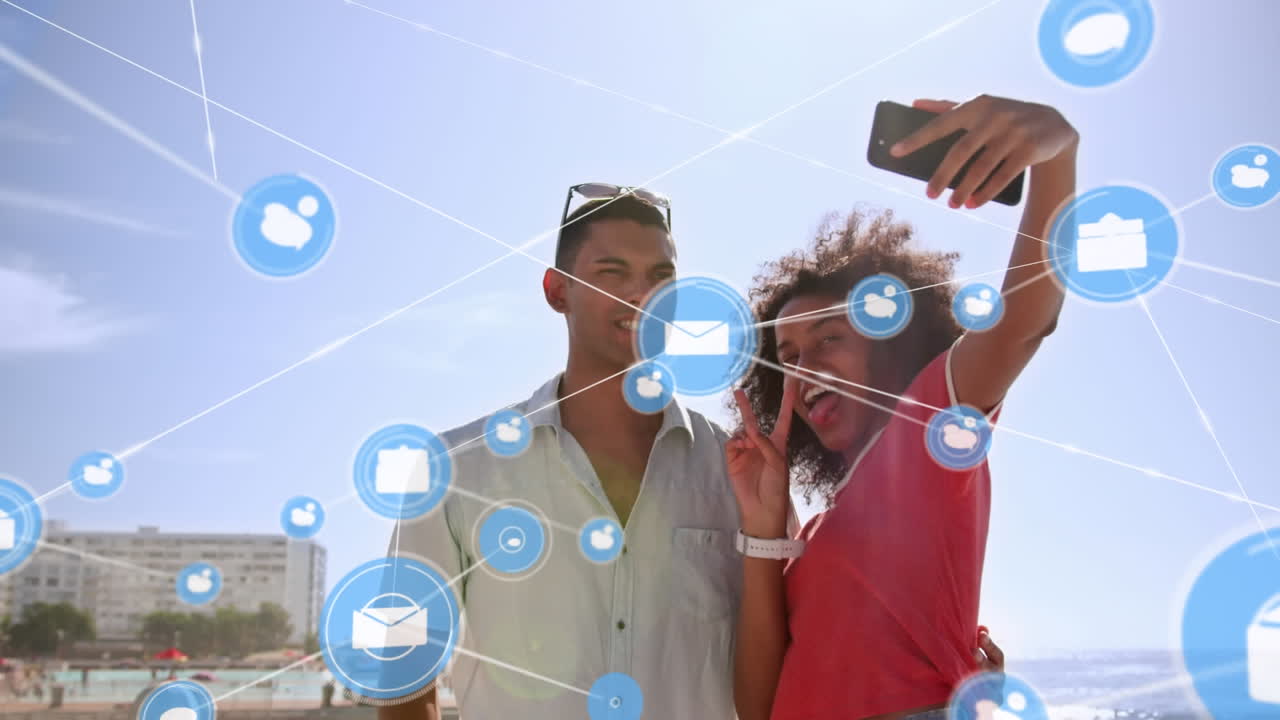 animación de una red de conexiones sobre una pareja feliz en la playa
