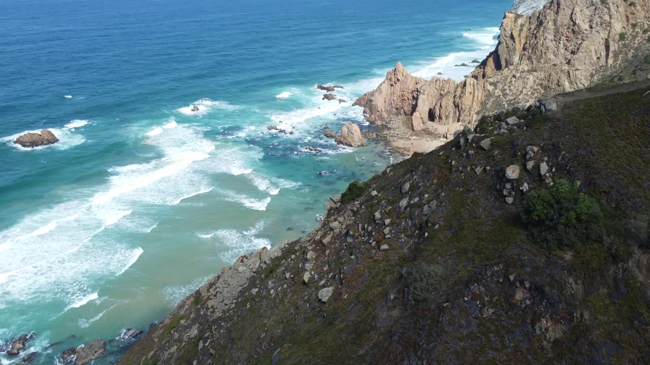 Epic Drone Flight above the Cliffs at the Atlantic Ocean Coast with Waves in 4K Resolution
