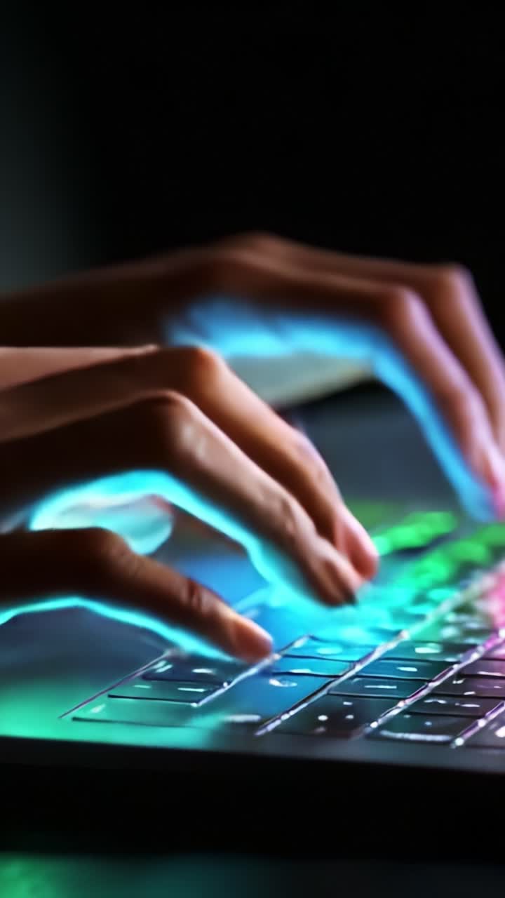A close-up view of hands typing on a backlit keyboard, showcasing the illuminated keys and the intricate motion of fingers on a laptop, reflecting creativity and technology