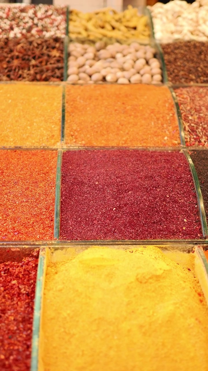 Vibrant Assortment of Colorful Spices and Nuts in a Market Display