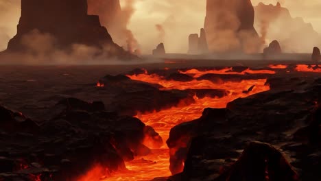 lava flowing through a volcanic landscape