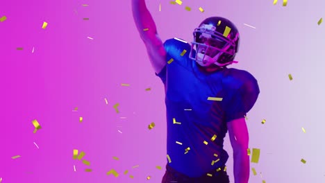 Animation-of-confetti-falling-over-american-football-player-on-pink-background