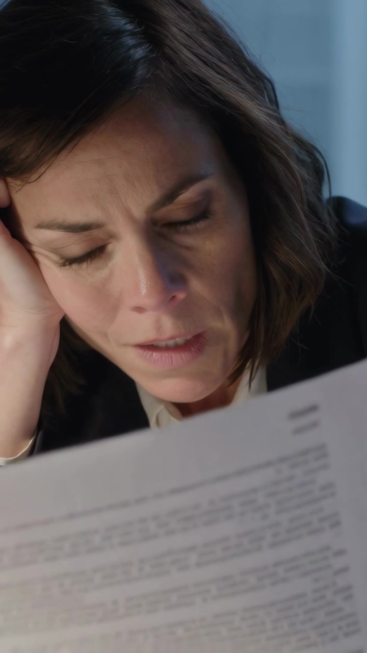 Video verticale: Donna in blazer che legge, avvicina un documento dopo aver notato un testo fitto alla scrivania.