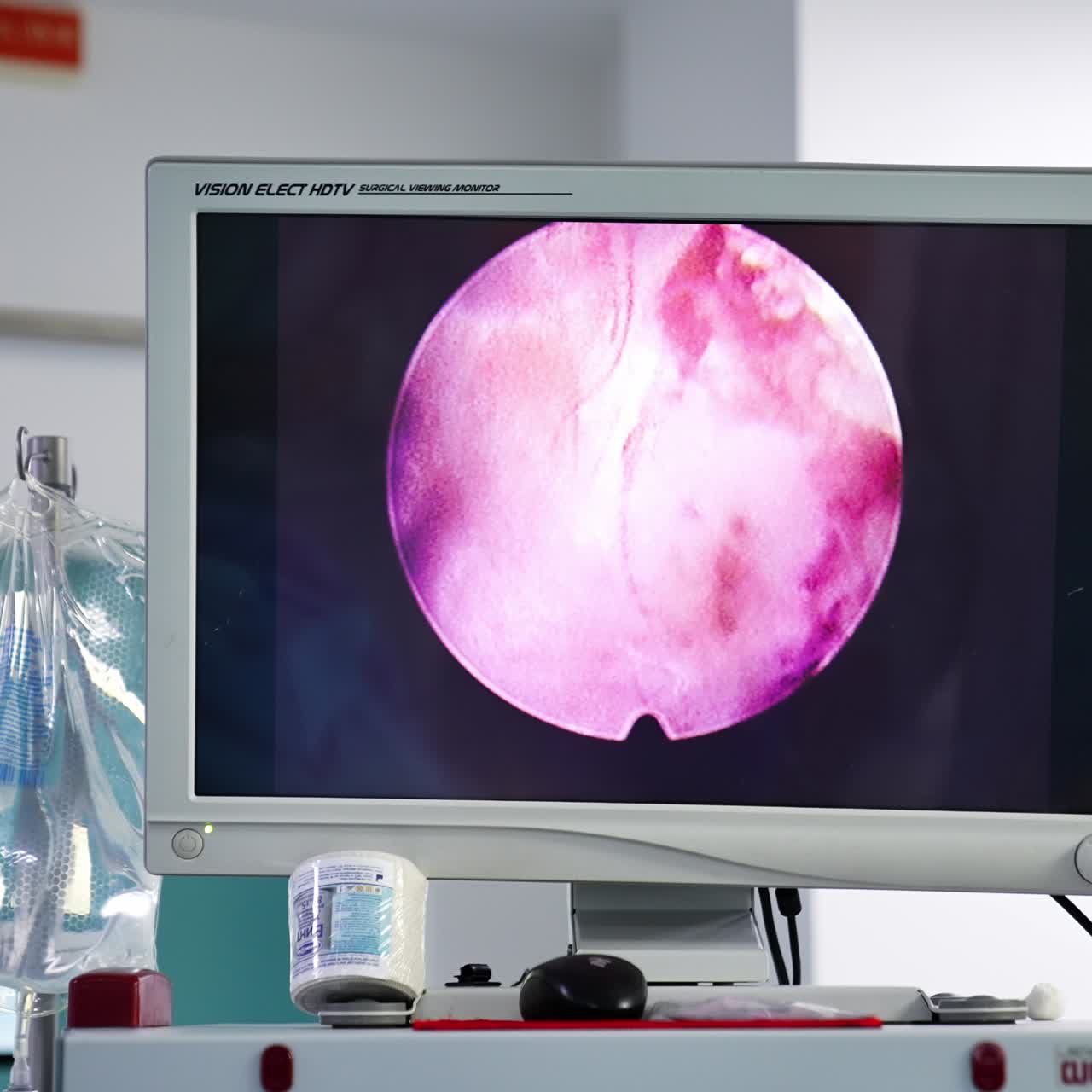 Screen on in surgery room during operation. Monitor displaying the work of high-precise technological equipment with minimal invasive effect