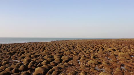vista aérea baja del campo de rocas de marea baja, hunstanton, reino unido