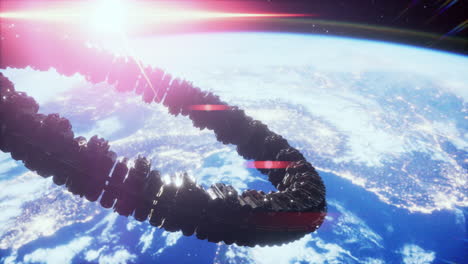 una enorme nave espacial muy detallada se acerca a la tierra.