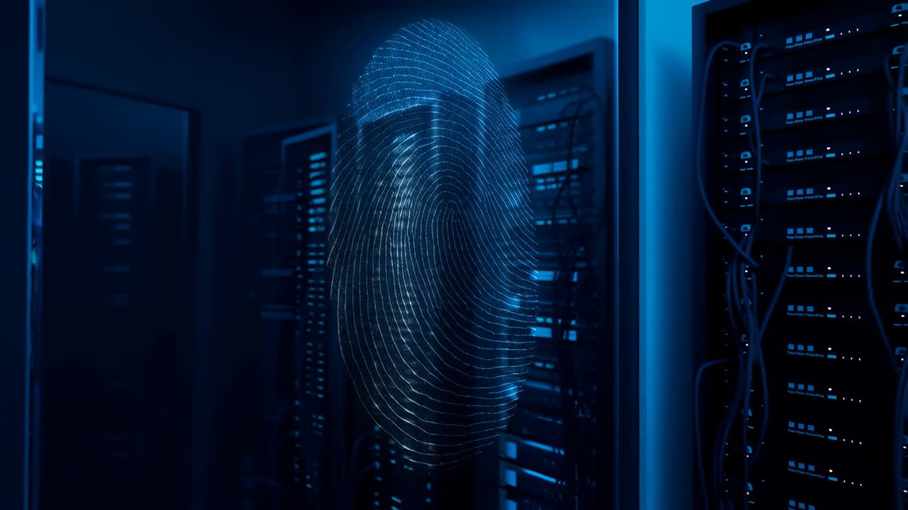 Digital Fingerprint Overlay on Server Room Racks for Cybersecurity and Data Authentication