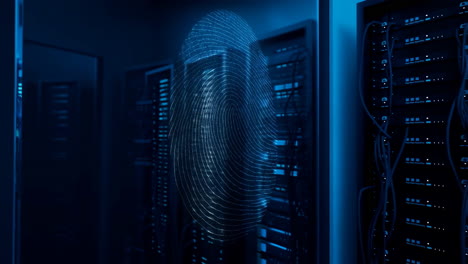 digital fingerprint overlay on server room racks for cybersecurity and data authentication