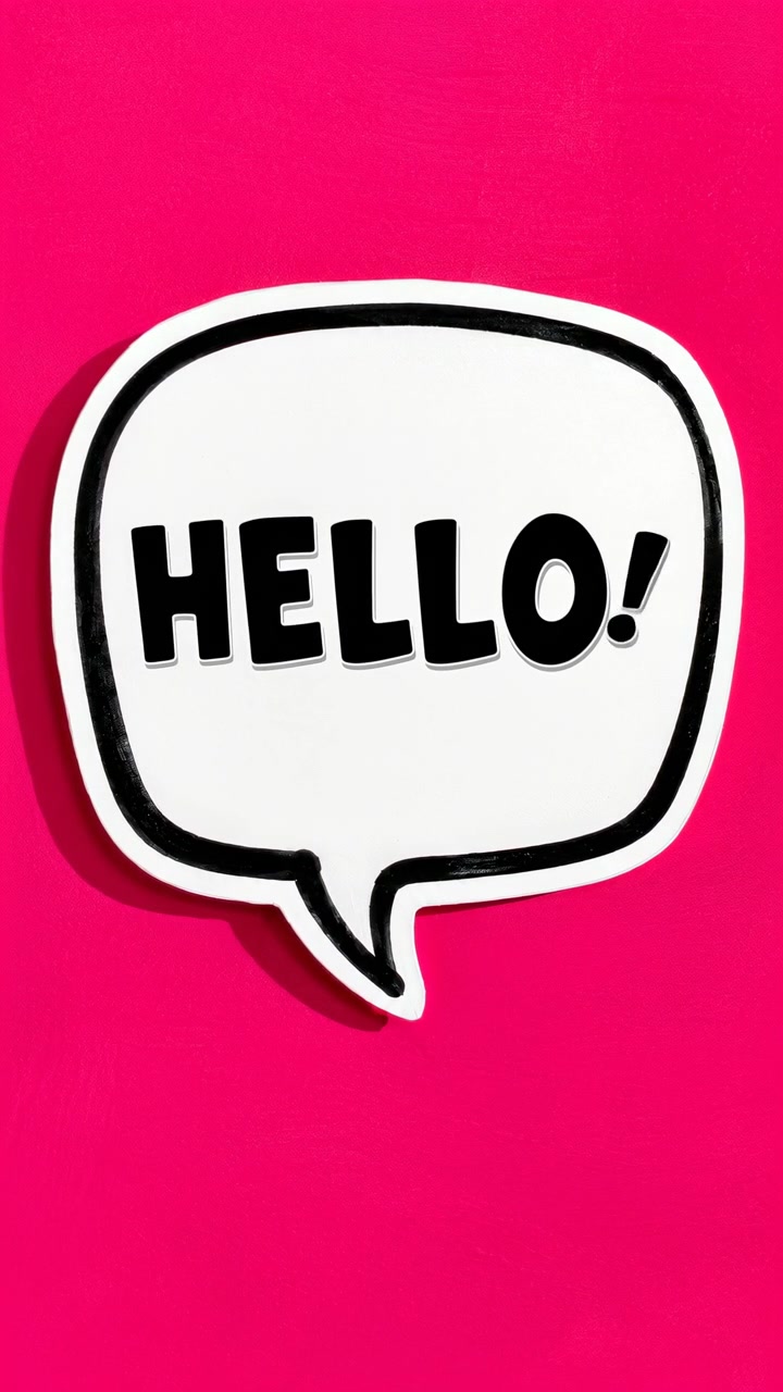 White speech bubble with thick hand-drawn black outline displays bold HELLO lettering over saturated magenta backdrop, creating playful high-contrast greeting scene with clean copy space for modern