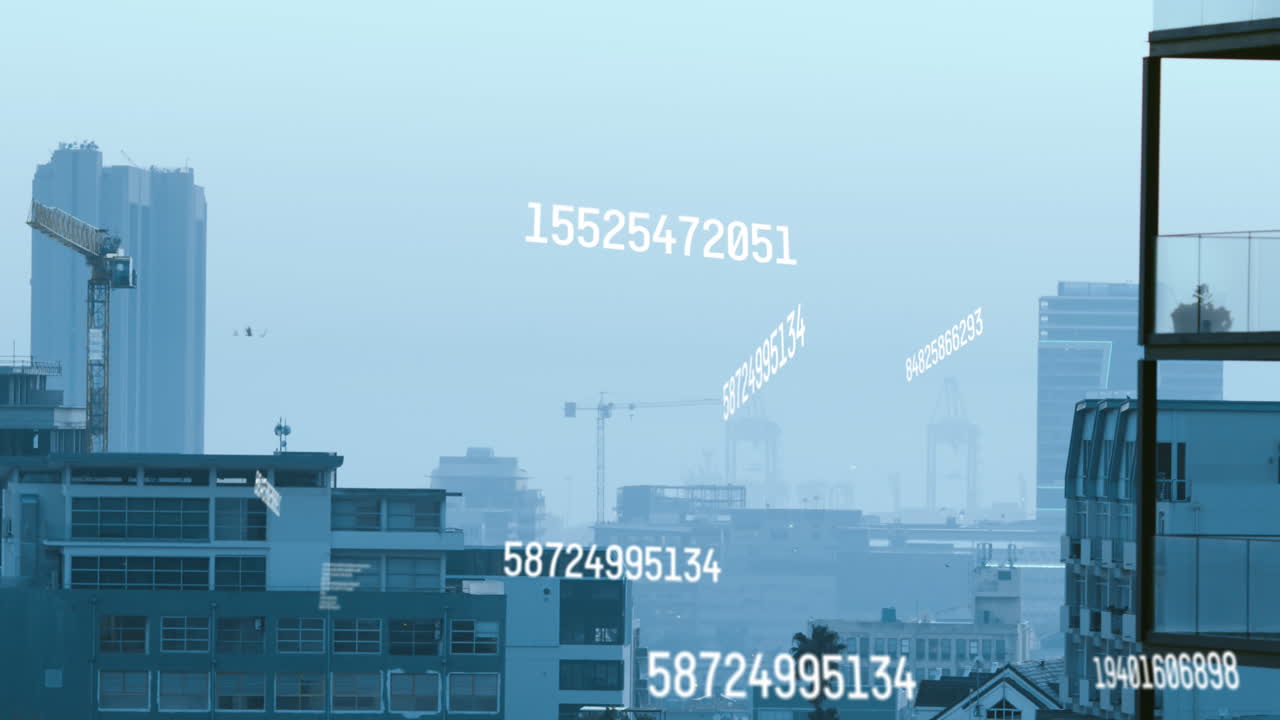 Animation of multiple changing numbers and data processing against aerial view of cityscape