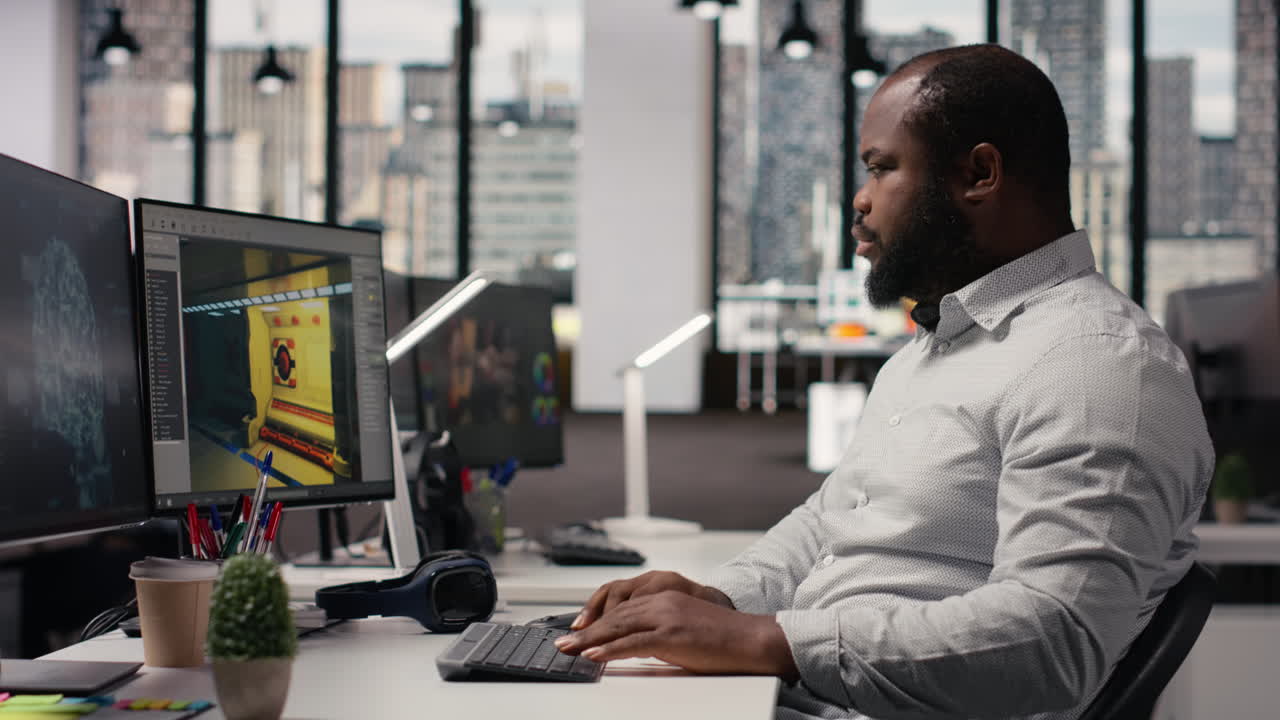 Black worker creating fantasy video game with AI neural networks systems