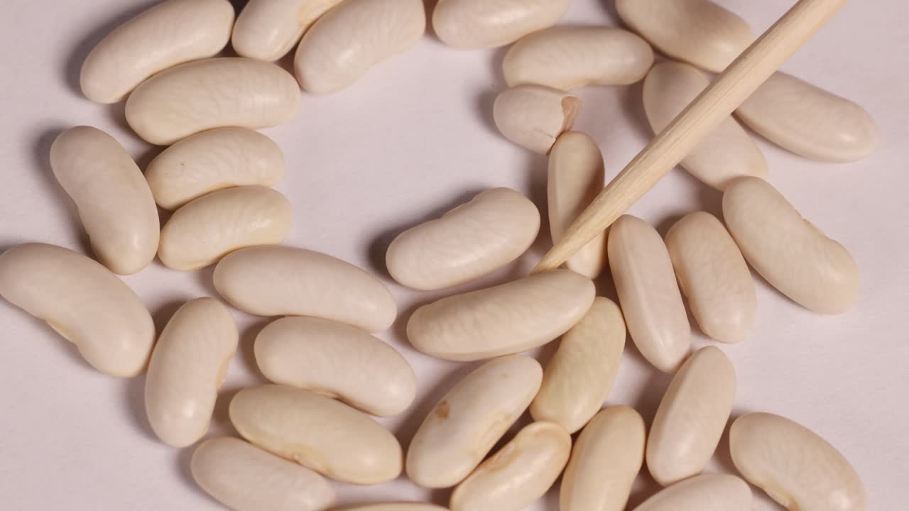 Close-up video of white bean seeds being moved by a stick on a flat surface under bright lighting