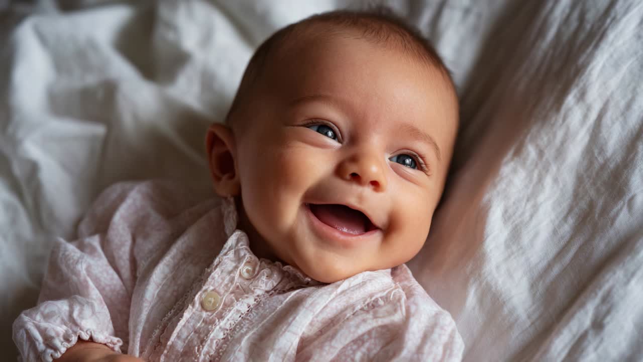 Adorable Baby Smiling Broadly on Soft White Bedding, Capturing the Joy and Innocence of Early Childhood in Two Heartwarming Frames That Radiate Happiness and Love