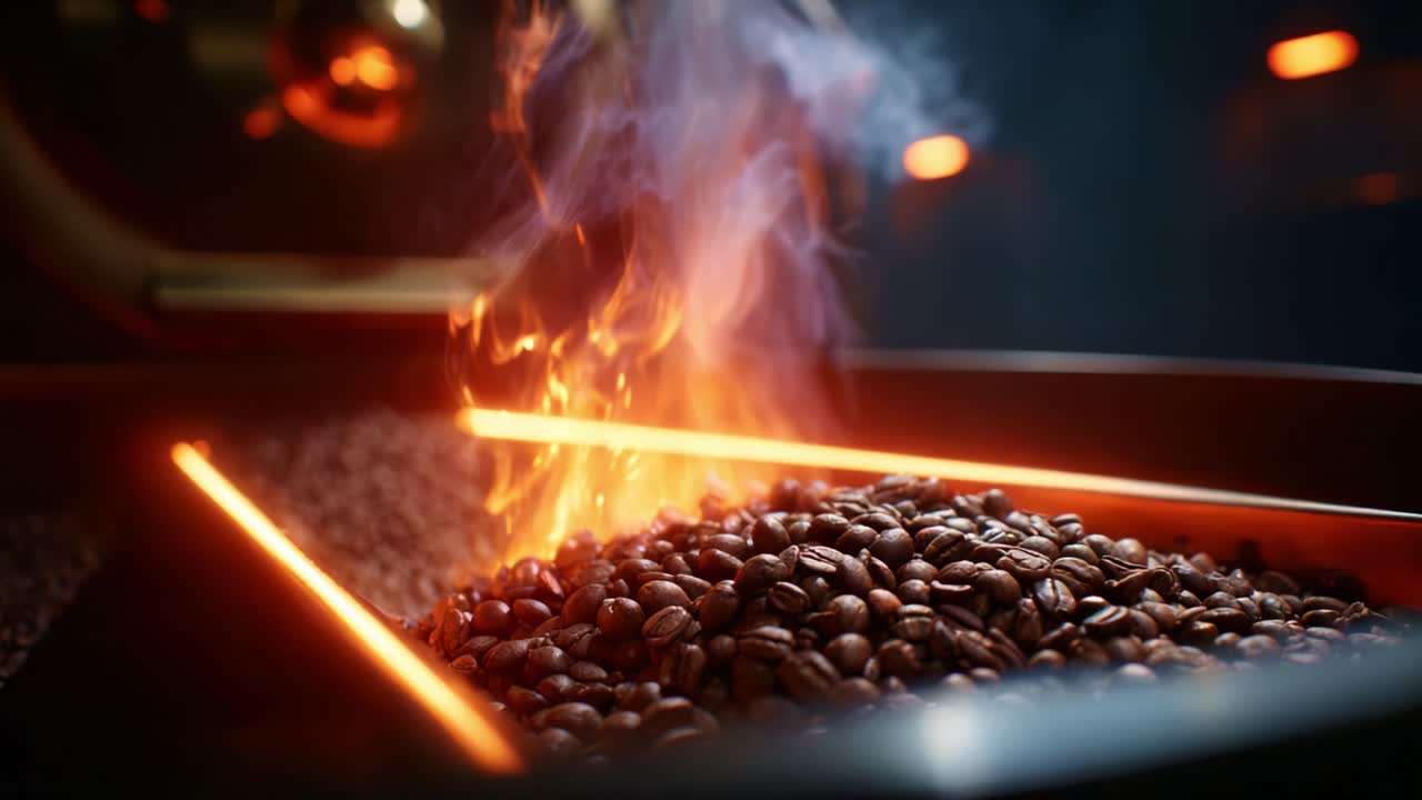 Dynamic Coffee Roasting Process Captured in Stunning Detail with Flames and Aromatic Beans in a Controlled Environment, Showcasing the Art of Flavor Development