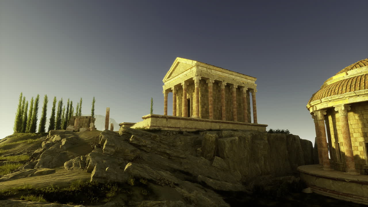 Ancient ruins with classical architecture under clear sky at sunrise