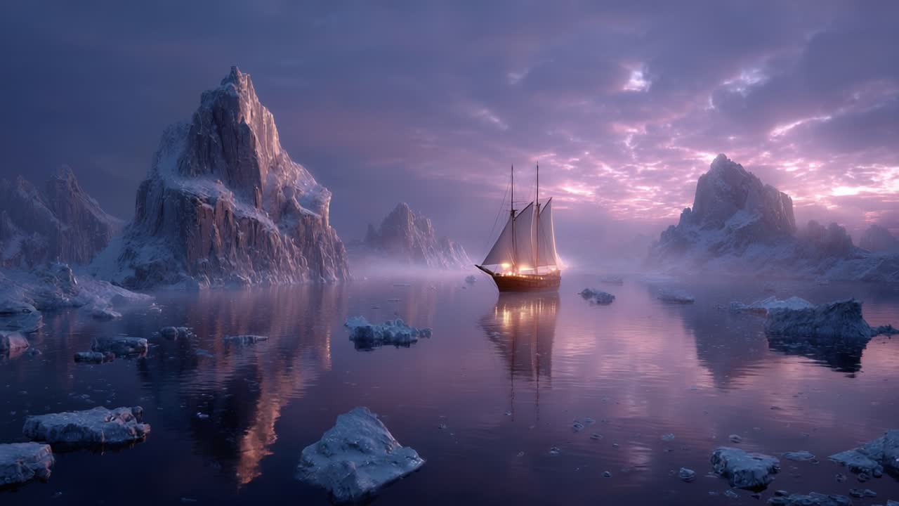 Una maestosa nave a vela che scivola tra le acque ghiacciate al crepuscolo, circondata da imponenti iceberg sotto un cieloTwilight mozzafiato