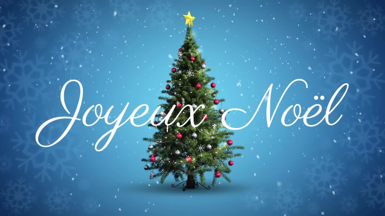 Animazione di auguri di Natale "Joyeux Noël" su albero di Natale su sfondo blu