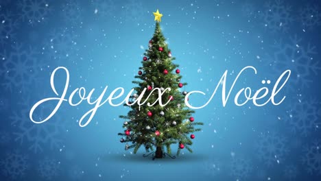 Animation-of-joyeux-noel-christmas-greetings-over-christmas-tree-on-blue-background