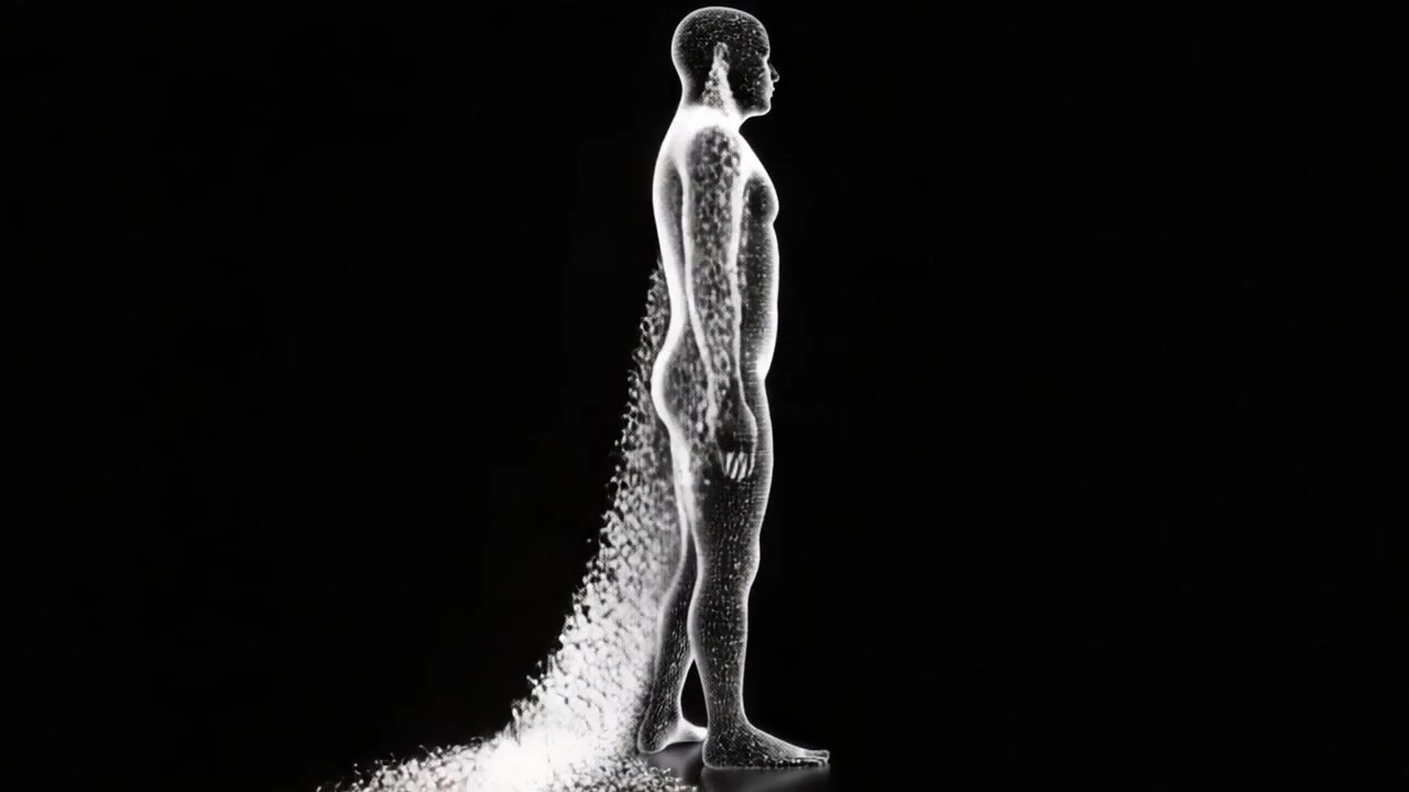 A Transformative Journey of a Figure Dissolving into Particles Against a Dark Backdrop, Illustrating the Concept of Dispersal and Fluidity of Form