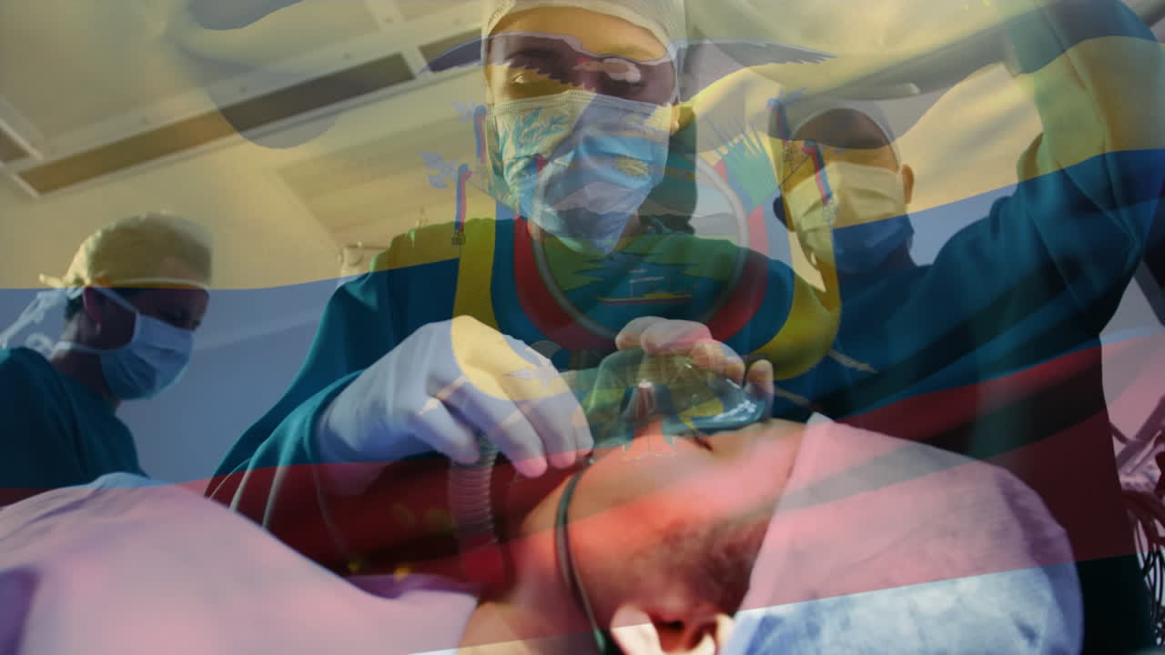 animación de la bandera de ecuador ondeando sobre los cirujanos en el quirófano