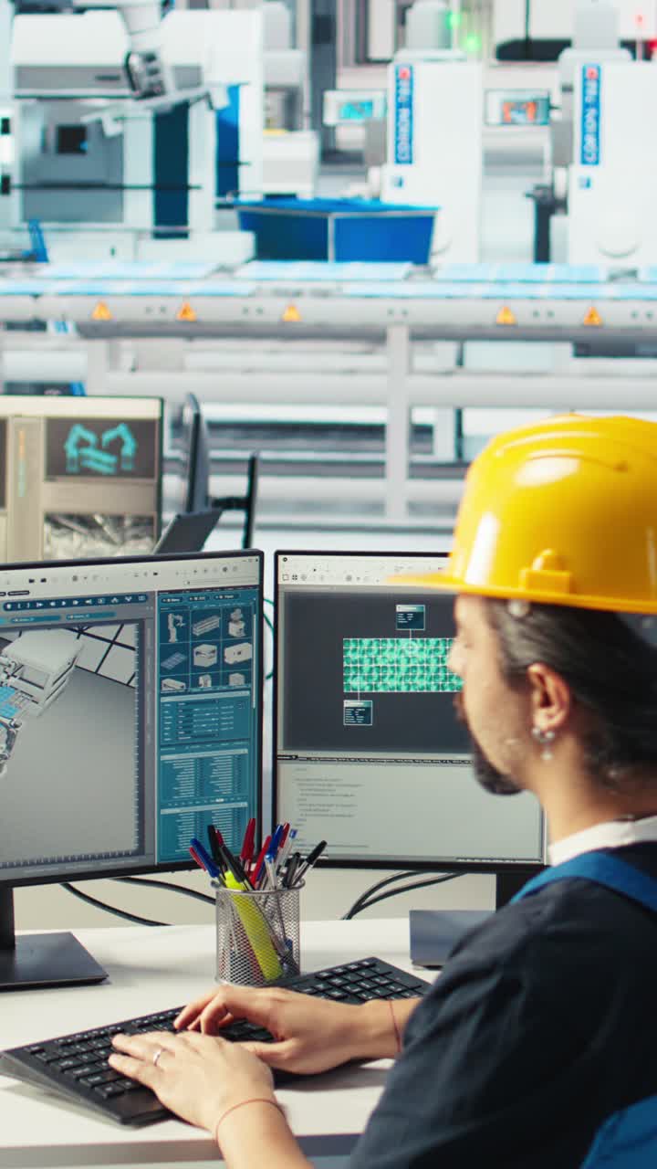 Vertical Video Photovoltaics Factory Engineer Planning Work On Facility Floor In Cad Software