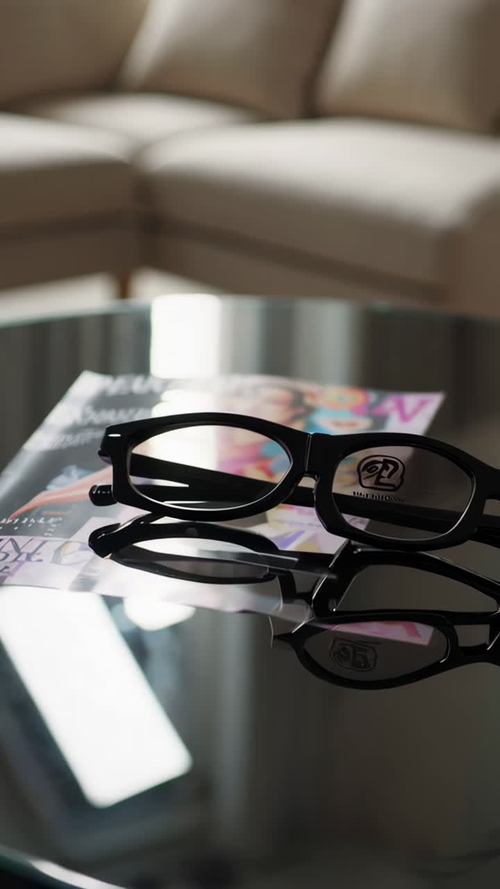 Stylish Sunglasses on a Glass Table in a Modern Living Room