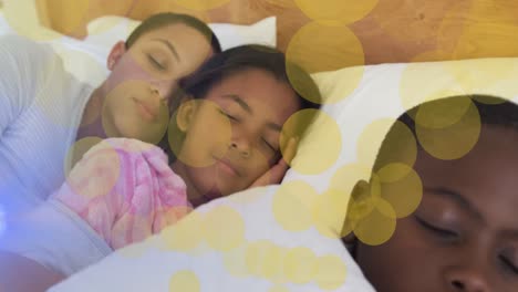 Animation-of-dots-moving-over-sleeping-african-american-mother-and-kids