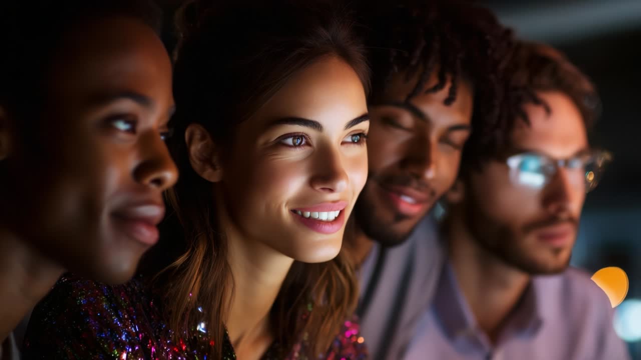 A group of four friends share a joyful moment during a nighttime gathering, showcasing their diverse expressions and vibrant interactions, as they connect over shared experiences and smiles