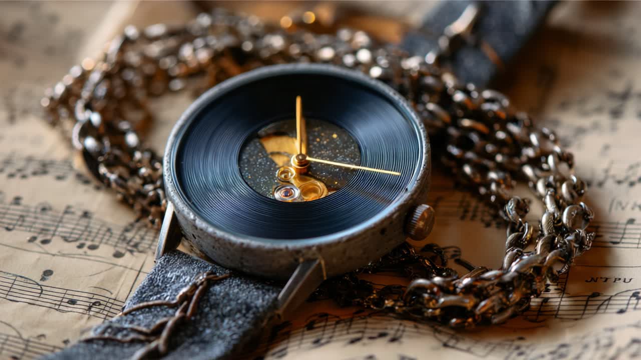 A Stunning Close-Up of an Elegant Watch Featuring a Unique Vinyl Record Dial Surrounded by Intricate Chains on Sheet Music Background
