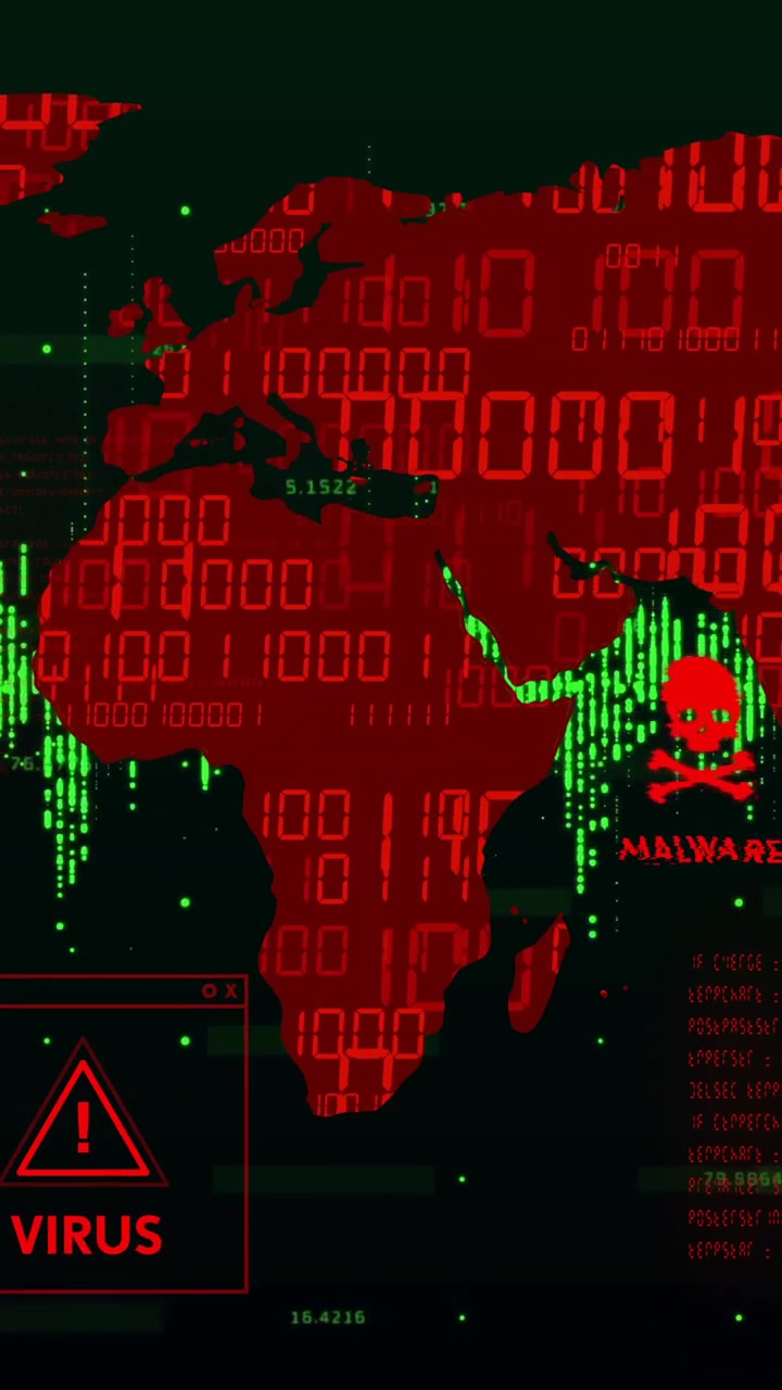Animation af digitalt verdenskort, der viser virus- og malware-advarsler i rød og grøn