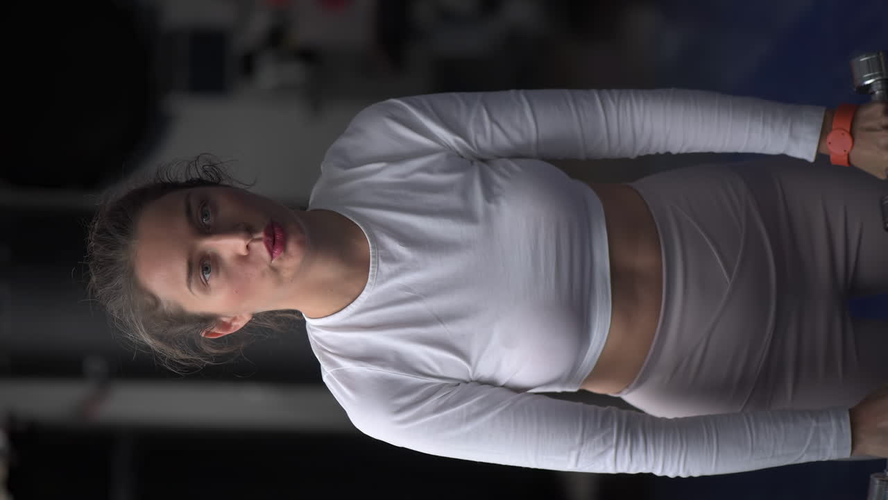 Woman in white activewear holding two dumbbells and working out at the gym. Vertical