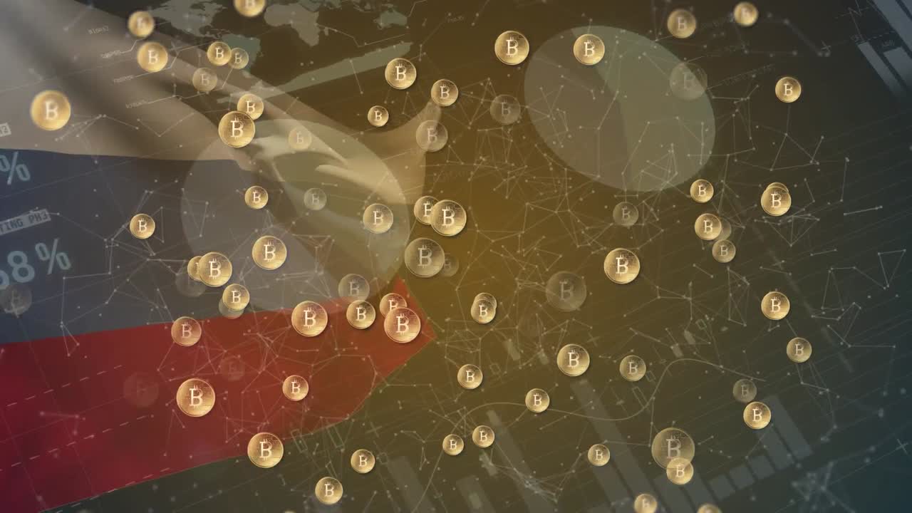 데이터 프로세싱과 러시아의  ⁇ 발을 통해 비트코인 기호의 애니메이션