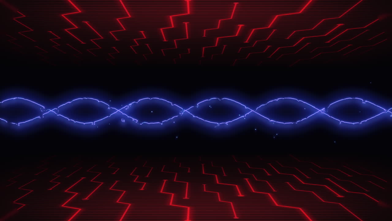 динамическое взаимодействие синих и красных рисунков на черном фоне