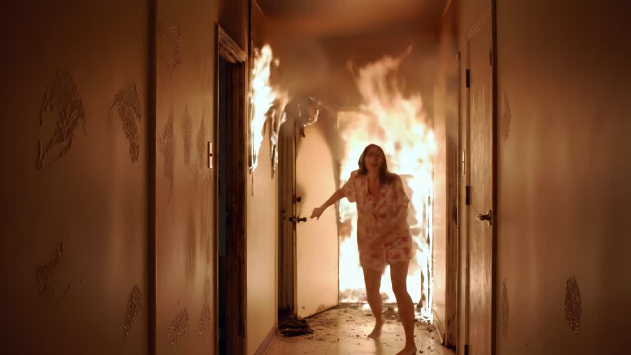A young woman desperately escapes a raging fire in a dimly lit hallway, showcasing the intense struggle for survival amid the chaos and danger of the flames advancing towards her