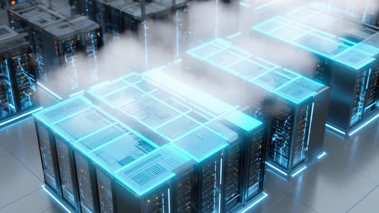 Futuristic Data Center Infrastructure with High-Tech Server Racks and Emerging Steam Vapor in a Modern Digital Environment