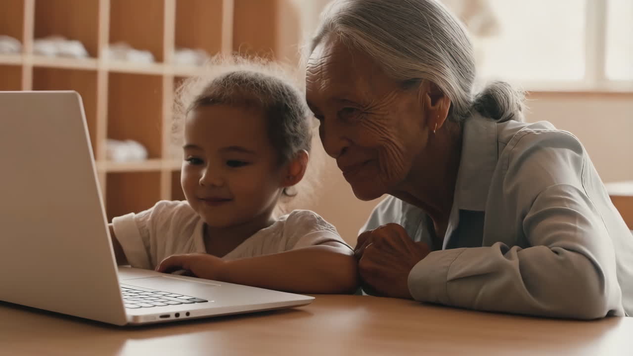 Nonna che insegna al nipote come usare un laptop