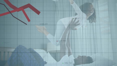 father lifting daughter on bed, showing finance grid overlay with line charts and numeric data