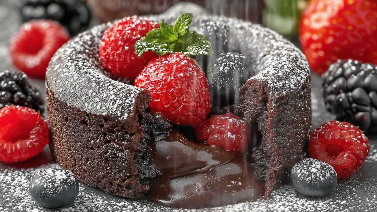 Decadent Chocolate Lava Cake Oozing Rich Ganache, Topped with Fresh Berries and a Dusting of Powdered Sugar, Perfect for Any Dessert Lover