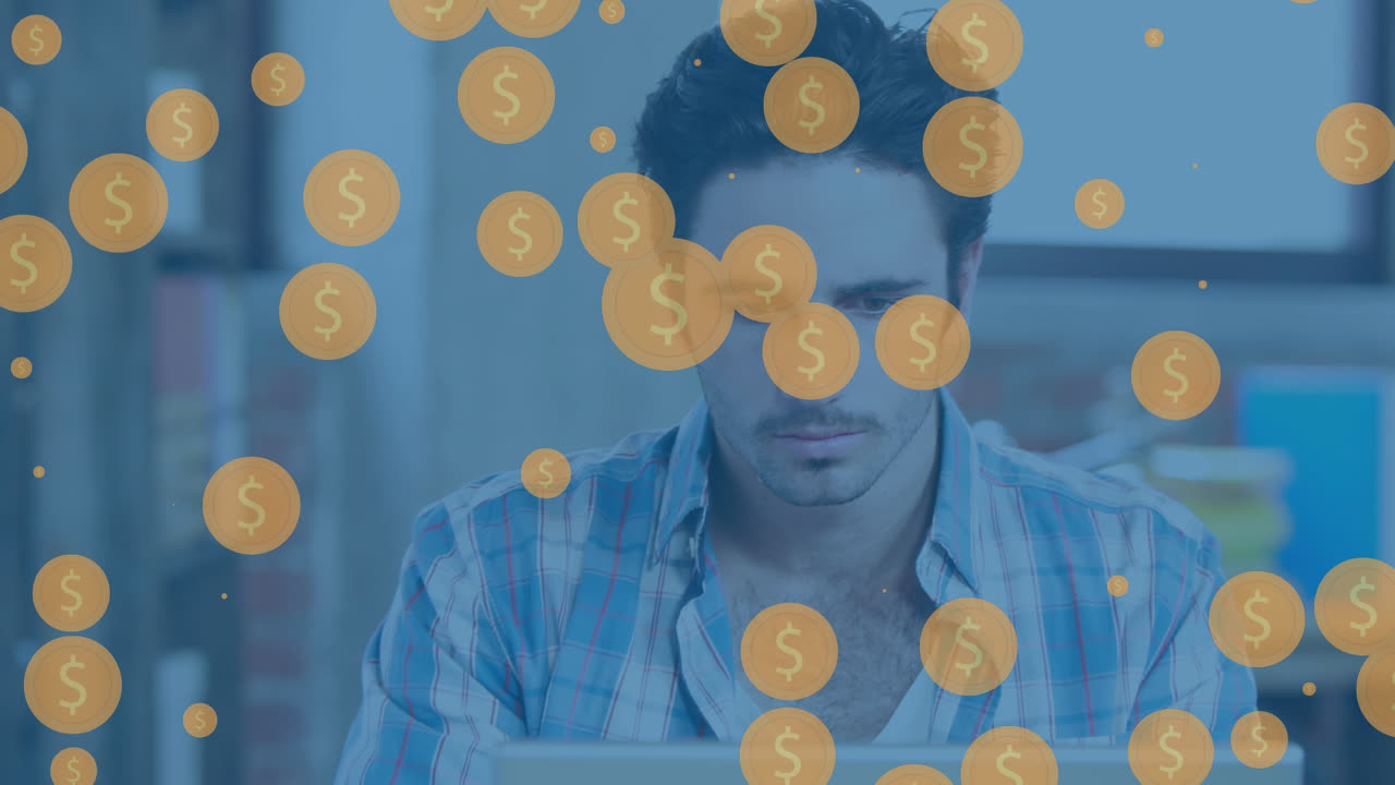 다양한 창고 노동자 위에 떨어지는 동전의 애니메이션