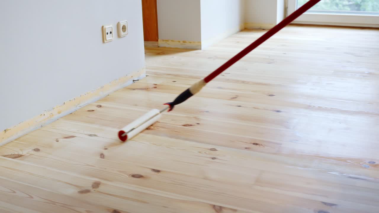 A professional applying transparent protective coating on freshly installed hardwood flooring using a roller tool in an indoor residential renovation project showcasing DIY home improvement techniques