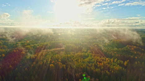 A-colorful-autumn-forest-on-a-bright-but-dramatically-foggy,-mist-morning---pull-back-aerial-flyover-through-the-clouds