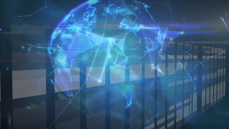 Animation of globe and network of connections over server room
