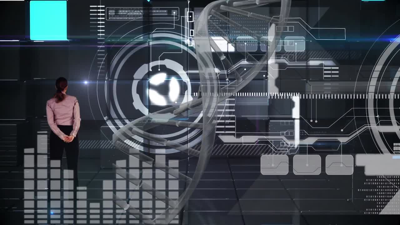 animación de procesamiento de datos y mujer caucásica en fondo gris