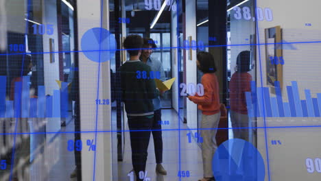 animation of financial data processing over diverse business people in office