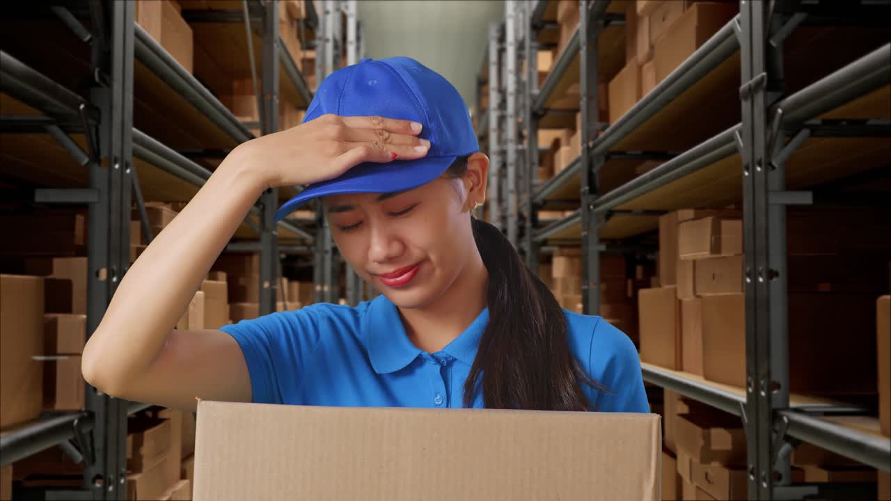un primer plano de una cansada mensajera asiática en uniforme azul sacudiendo la cabeza mientras entregaba un cartón en un almacén.