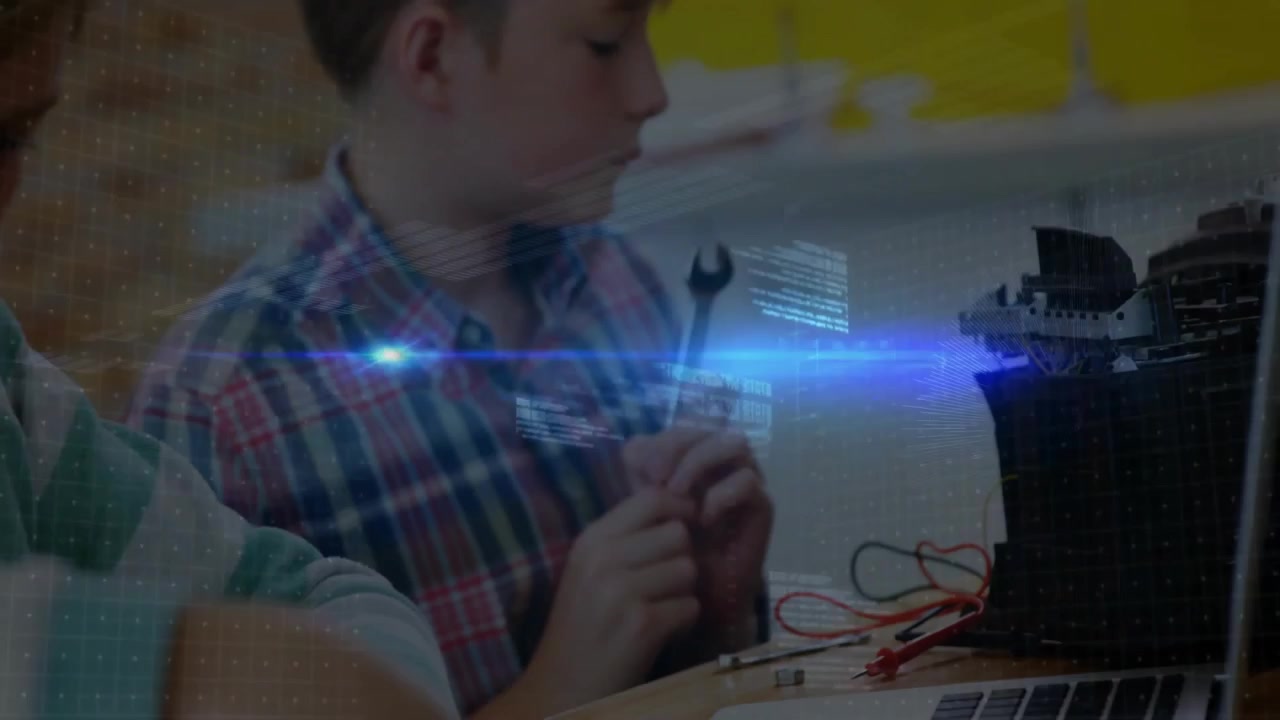 Students Working on Robotics Project with Digital Data Overlay