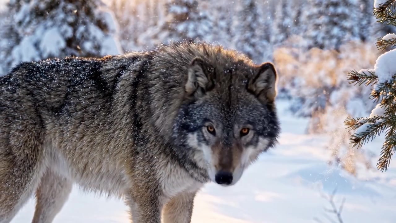 Majestic Wolf in Winter Wonderland: A Beautiful Canine Roams Through a Snow-Covered Forest, Breathing in Crisp Air Amidst Fragrant Pine Trees and Glittering Snowflakes